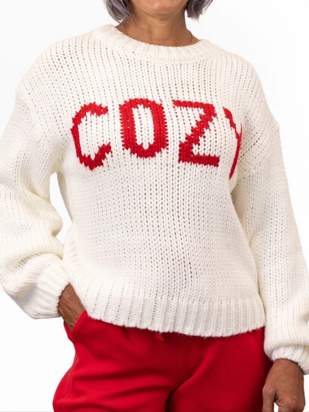 Cozy Knit Graphic Sweater - White with Red Lettering